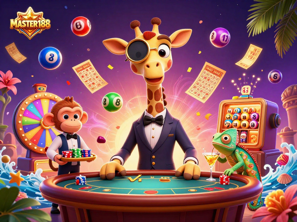 Experience the thrill of gambling at MASTER188 with vibrant lottery balls and casino characters