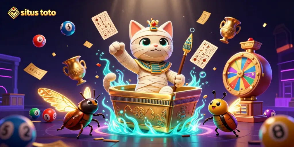 Experience excitement with situs toto in a vibrant, dynamic casino scene featuring a mummy cat and glowing elements.