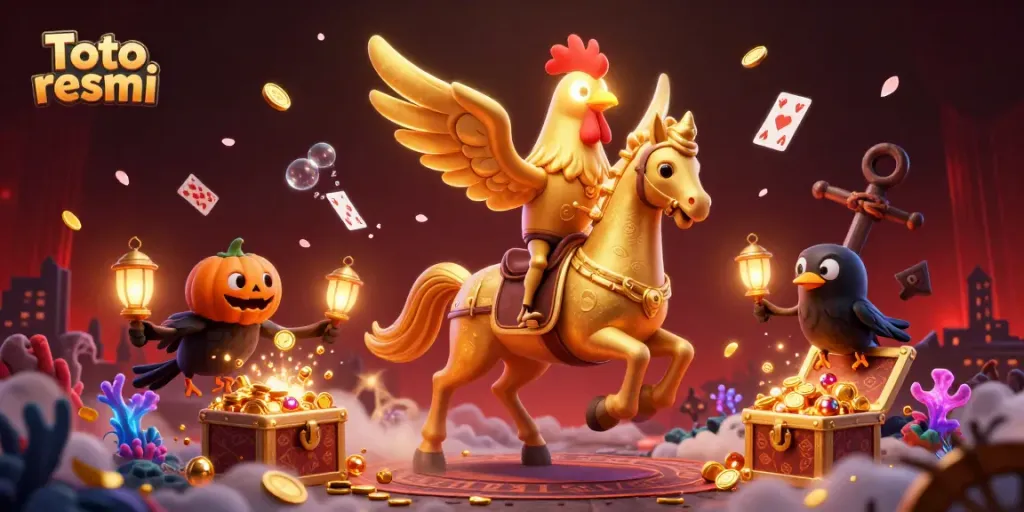 Experience thrilling adventures at Toto resmi casino with a golden rooster and crow companions illuminating the night.