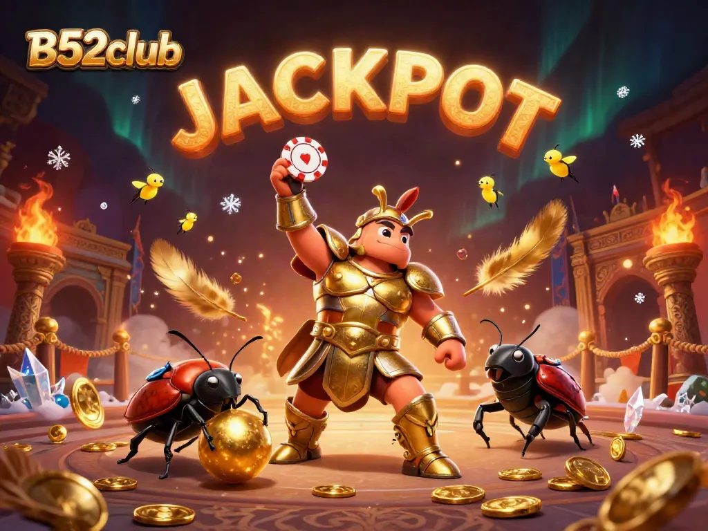 B52club showcases a vibrant 3D scene of a victorious hercules beetle with a poker chip, symbolizing casino excitement.