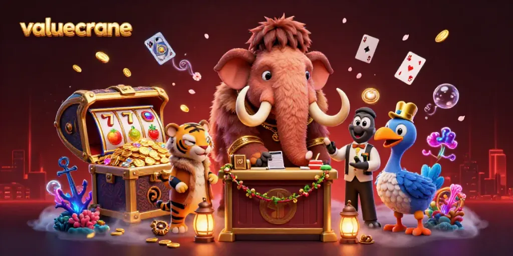 Ilustrasi kasino valuecrane menampilkan mamut berbulu 3D sebagai petugas keamanan dan simbol keberuntungan.