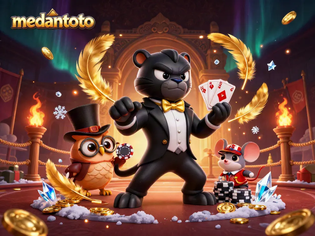 Medantoto menampilkan panther elegan membagikan kartu di arena taruhan penuh warna.