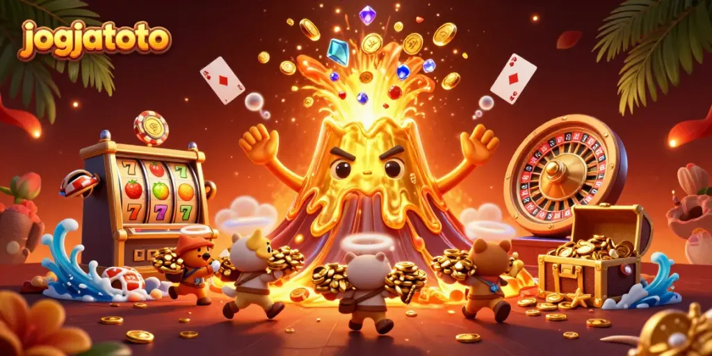 Win big with jogjatoto as treasure erupts from a golden volcano in this colorful 3D scene.