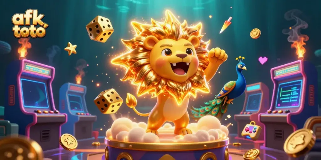 Experience the excitement of afk toto with a roaring sun lion and golden gaming elements in vibrant 3D.