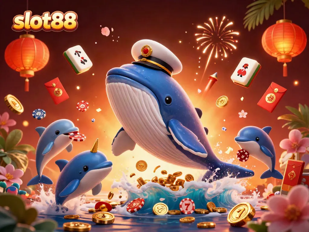 Experience the vibrant world of slot88 with a whale and friends celebrating wins in a sea of coins.