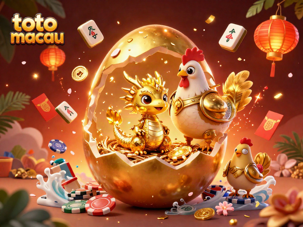 Gambarkan toto macau dengan naga emas murni dan poker chip, dikelilingi elemen perjudian menarik.