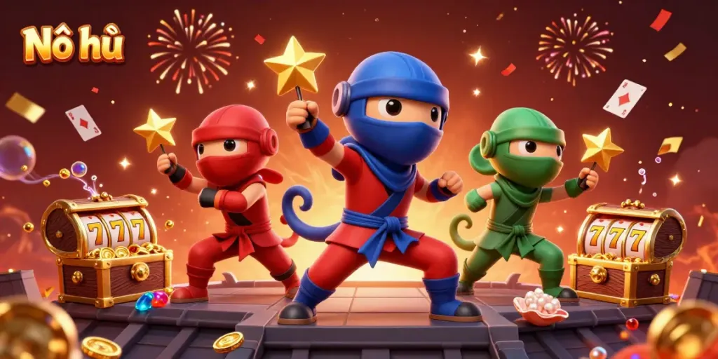 Nổ hũ: Ninja chameleons display martial arts amidst exploding treasure for an engaging online casino experience.
