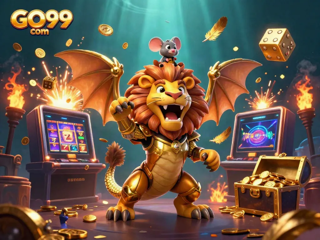 Experience the thrill of winning at GO99 com with a dynamic 3D casino scene featuring a chimera and jackpot elements.