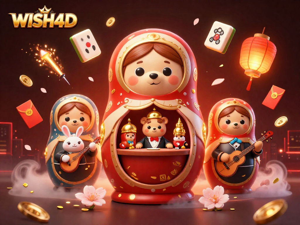 WISH4D menghadirkan suasana kasino dengan beruang Matryoshka, mengundang pemain untuk meraih keberuntungan.