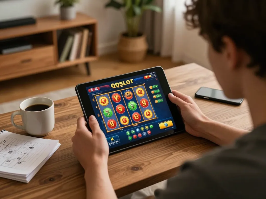 Engage in QQSLOT Link Alternatif with an immersive home gaming experience demonstrating online slot gameplay and strategy