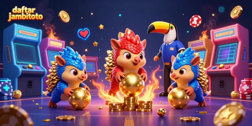 Engage with daftar jambitoto in this animated casino scene featuring pangolins playing a colorful game with golden chips.