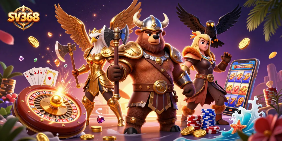 Spin to win with SV368's Viking berserker and Valkyrie in a dazzling casino scene.