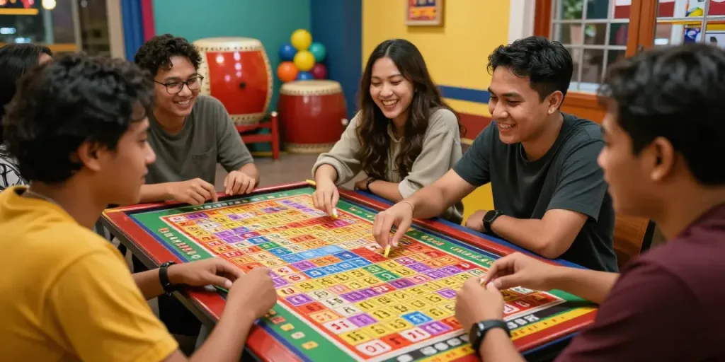 Suasana permainan ratutogel yang meriah dengan teman-teman, tiket lotre berwarna-warni.