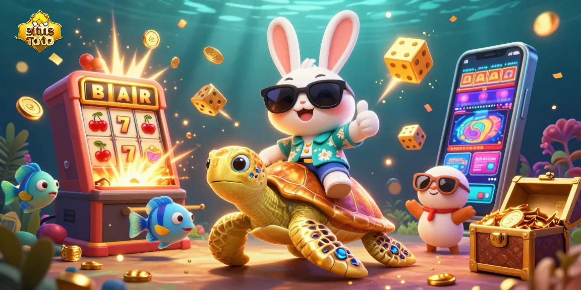 Experience the thrill of situs Toto with a vibrant 3D scene featuring a lucky rabbit and golden turtle amidst colorful casino elements.