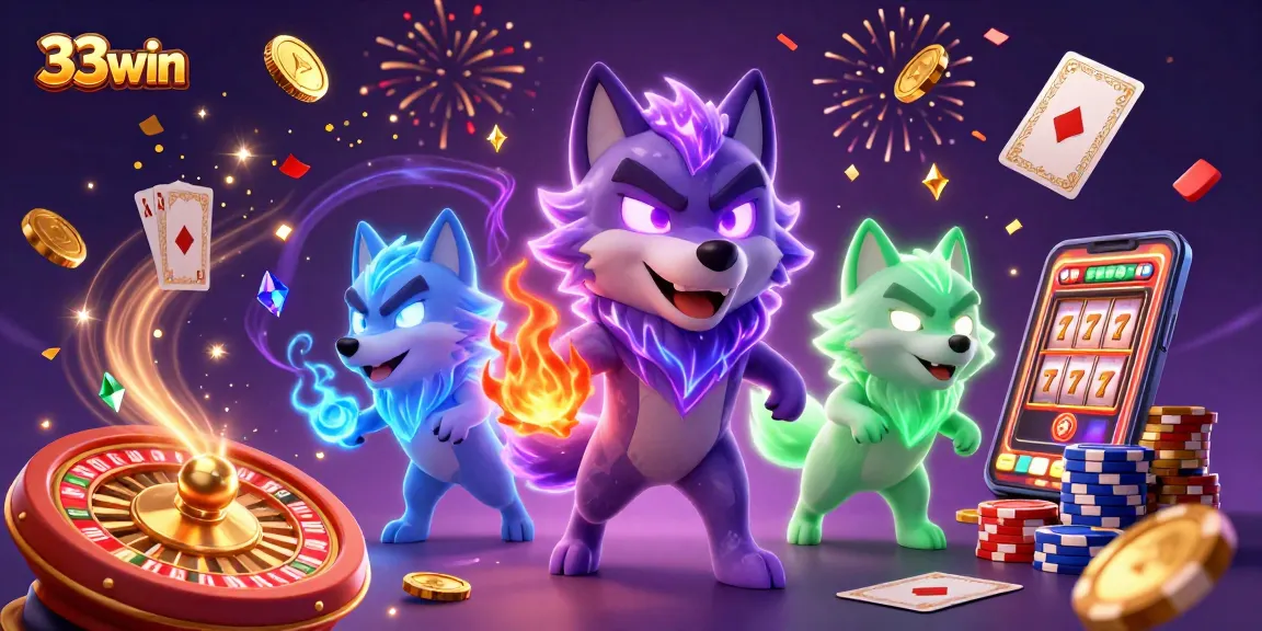 Experience thrilling gaming moments at 33win with a vibrant casino scene featuring animated wolves and exciting gambling elements.