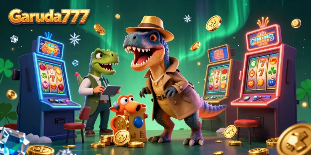 Garuda777 menampilkan velociraptor di mesin slot, dikelilingi simbol keberuntungan dan mesin berwarna cerah.