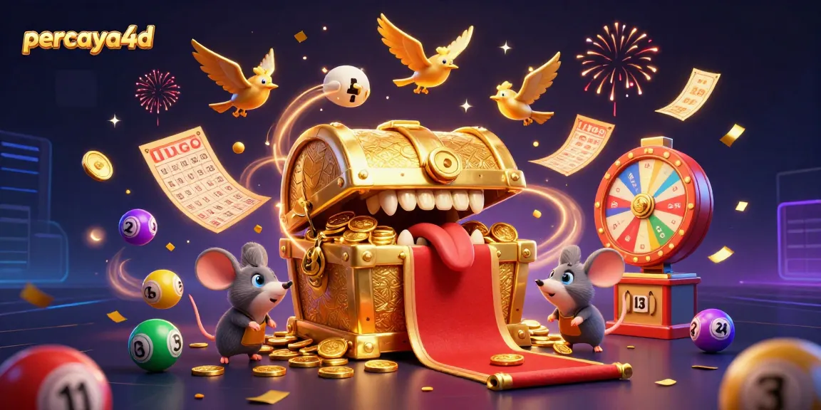 menggambarkan pengalaman menarik di percaya4d dengan bola lotere berwarna-warni dan peti harta karun yang menggiurkan.