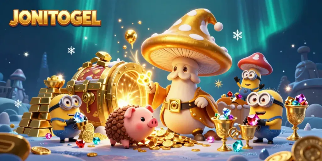 Experience the enchanting world of JONITOGEL with a golden mushroom wizard and treasure galore in this vibrant illustration.