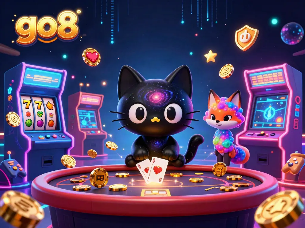 Experience the go8 cosmic casino with a black hole cat and colorful gambling elements in a vibrant 3D illustration.