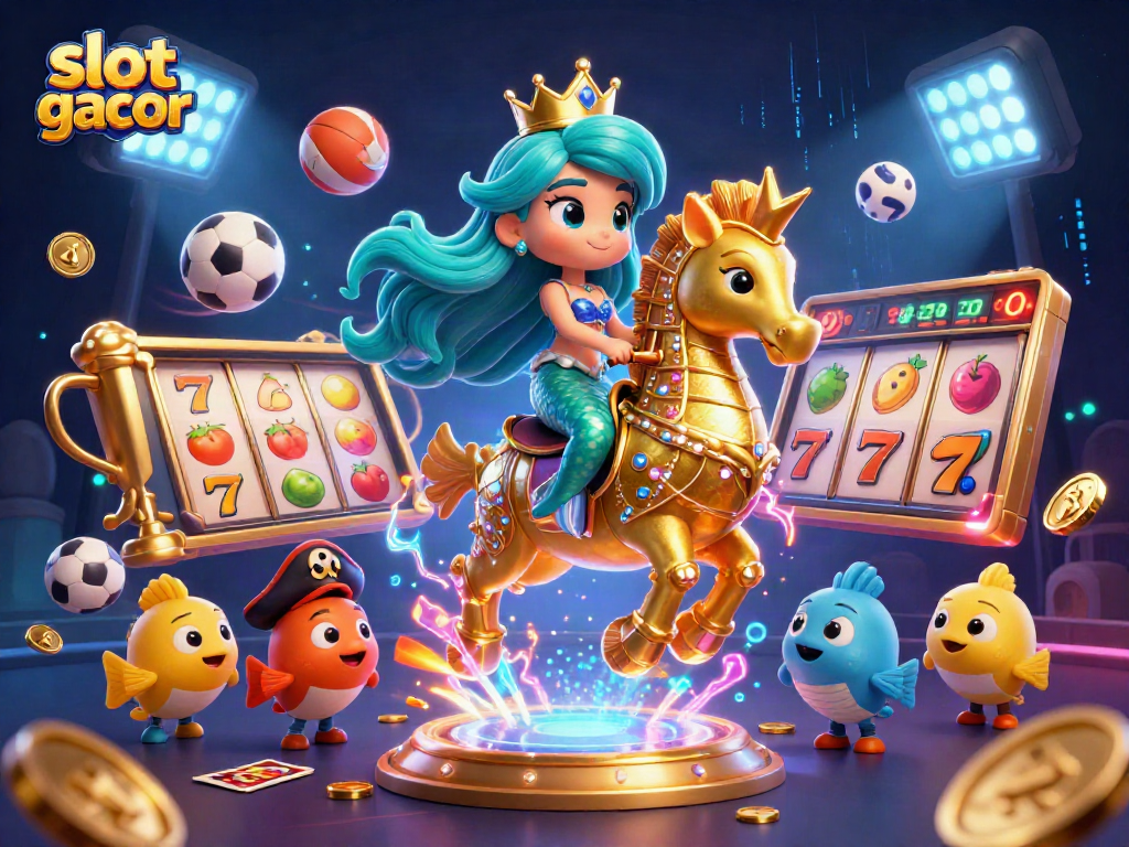 Slot gacor menampilkan putri duyung 3D dan kuda laut emas di latar belakang kegelapan.