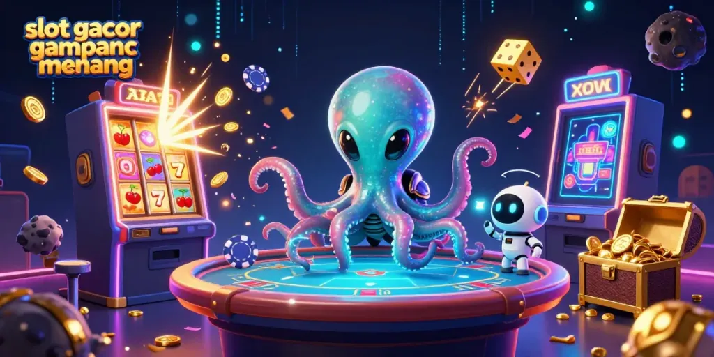 Gambarkan slot gacor gampang menang yang menyenangkan dengan karakter alien di kasino galaksi.