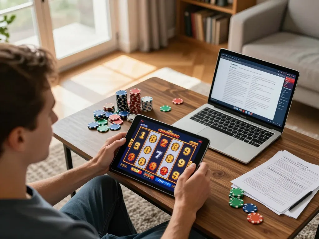 Player enjoying slot games on tablet displaying OKESLOT's vibrant interface in a cozy home setting