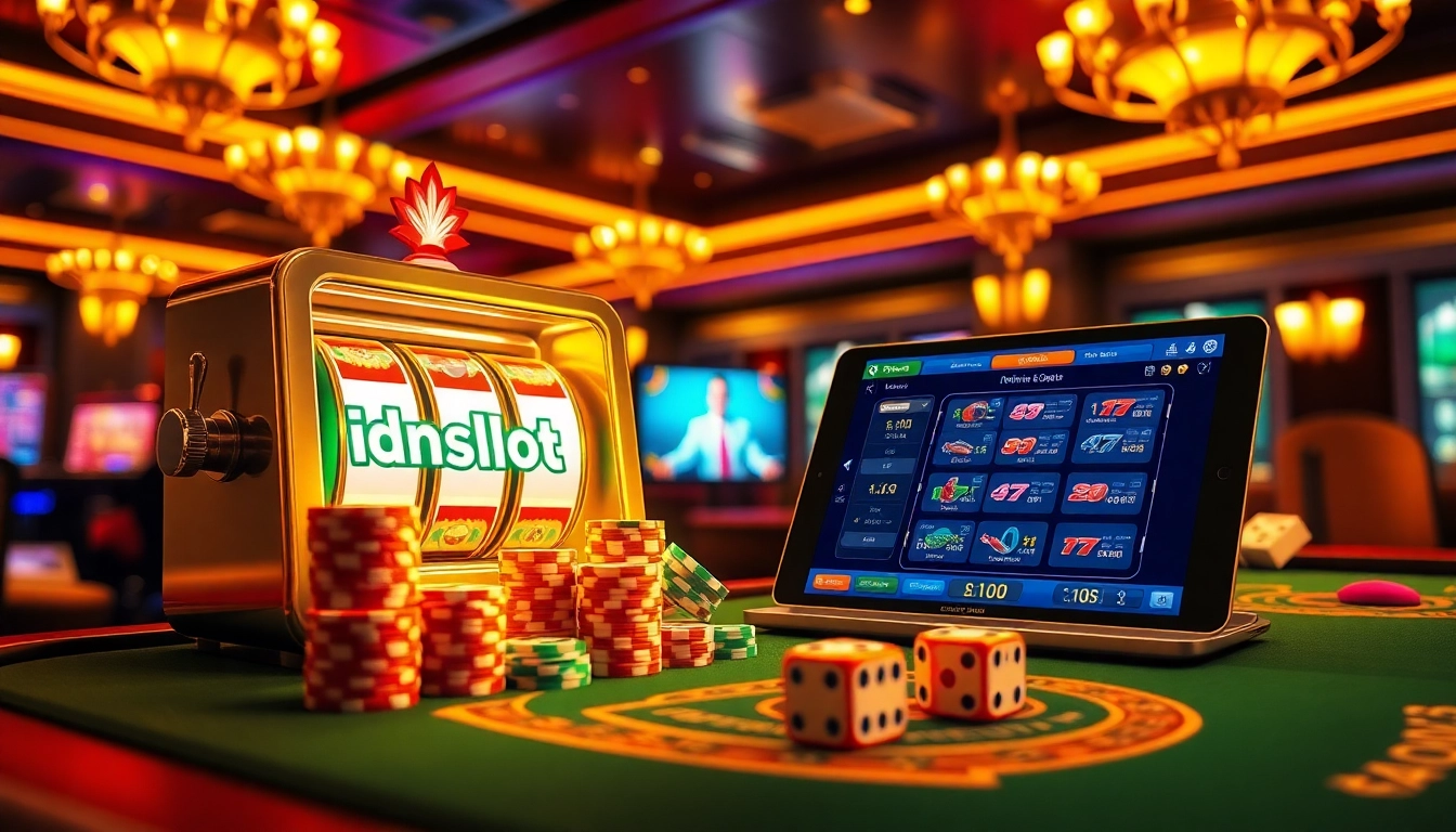 Engaging scene of players enjoying idnslot betting at a vibrant casino with colorful slot machines and poker chips.