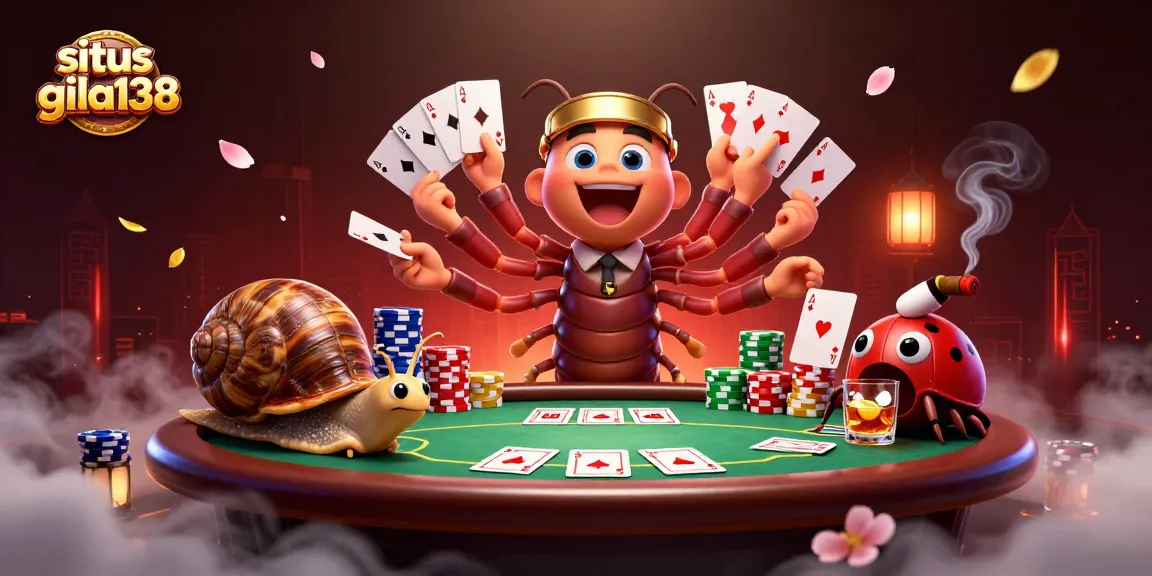 Situs gila138 menarik pemain dengan dealer kartun dan tumpukan chip besar, suasana kasino yang hidup.
