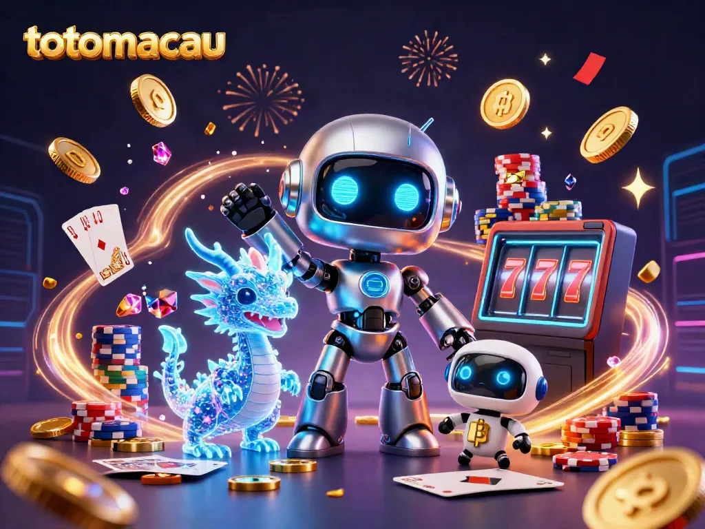 Engage with totomacau's vibrant 3D casino illustration showcasing a futuristic robot mascot with gaming elements.