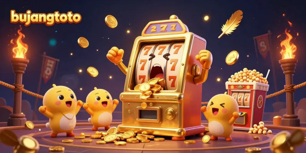 Experience the excitement of bujangtoto with a golden slot machine hitting a jackpot surrounded by cheering friends.