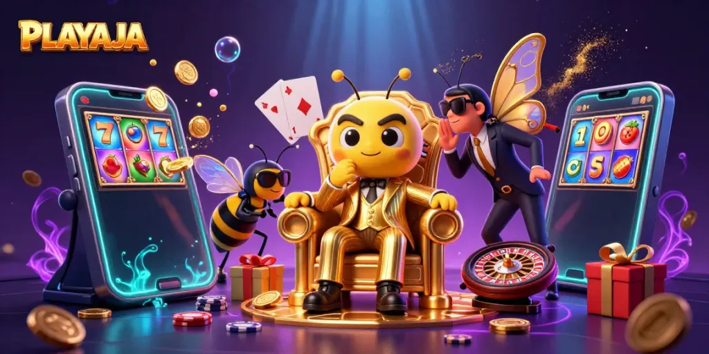 PLAYAJA, the ultimate slot game experience showcased with a bumblebee mob boss and colorful gaming elements.
