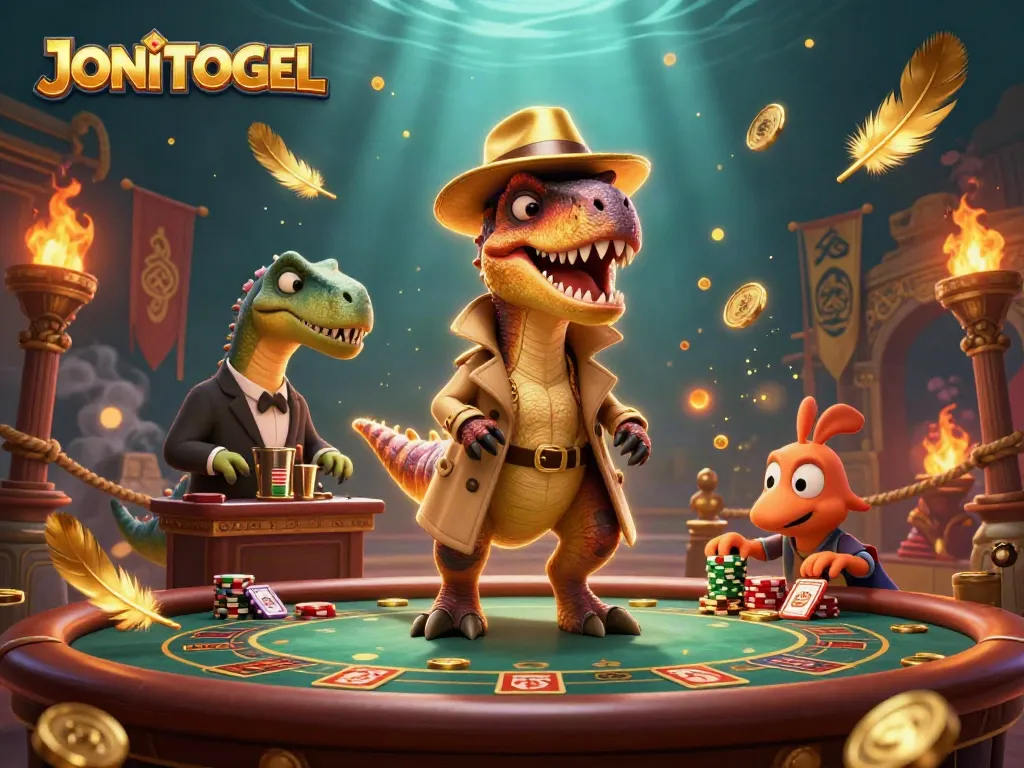 Experience exciting gaming action at JONITOGEL with a velociraptor card counter hiding at the blackjack table.