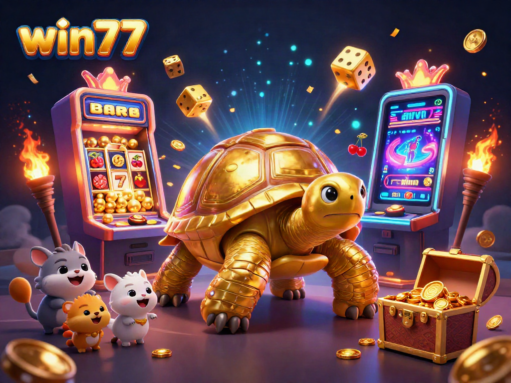 Menangkan hadiah di win77 dengan gambar kucing kartun bermain slot di dalam kasino