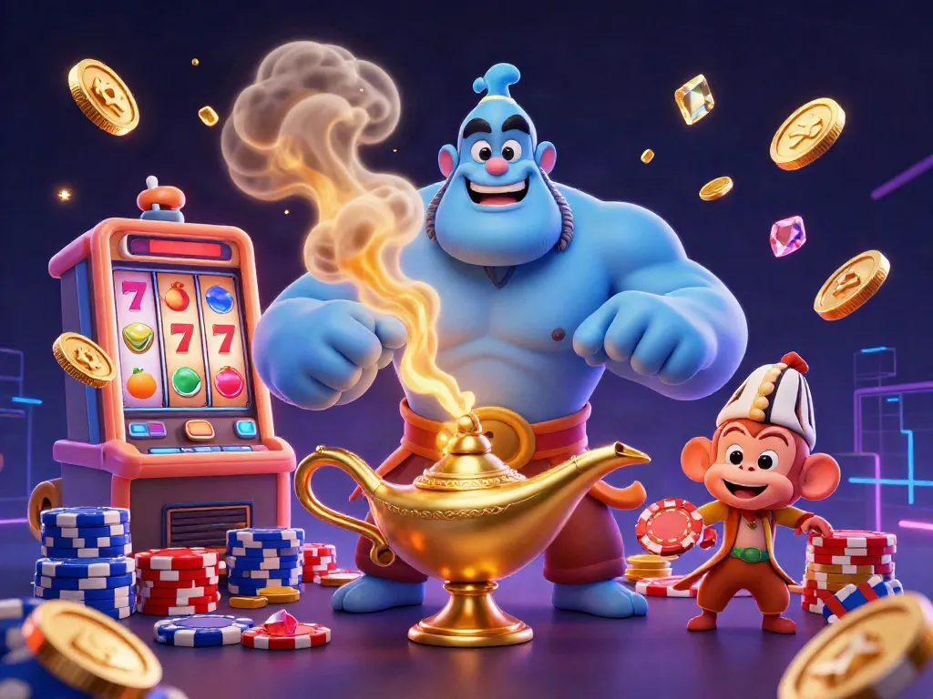 Permainan dunia slot menampilkan slot mesin, jin, dan koin mengalir