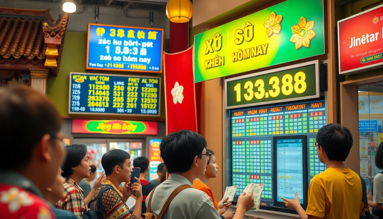 Xổ số hôm nay results displayed in a vibrant lottery booth with excited players.