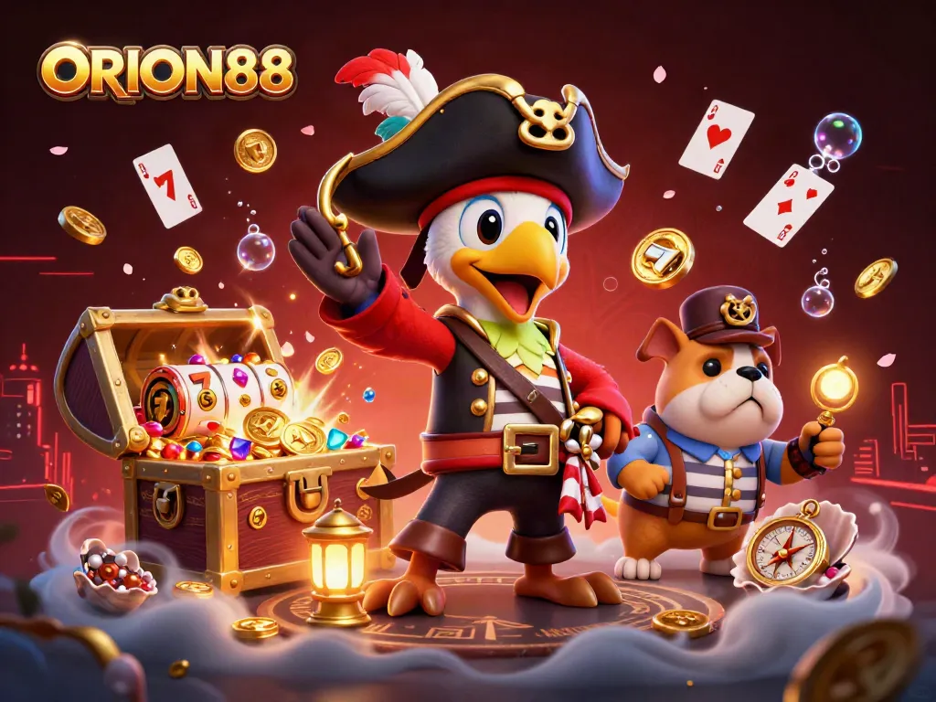 Engage in thrilling slot adventures with ORION88 amid an explosion of treasures and vibrant casino elements.