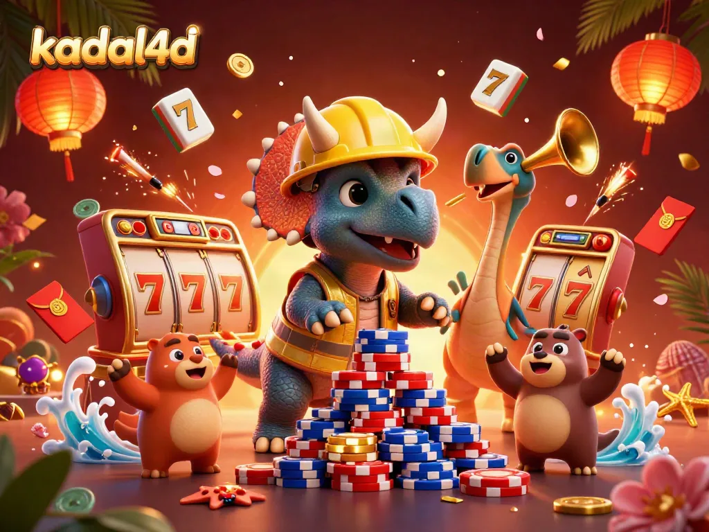 Engage with kadal4d as a triceratops celebrates winning with poker chips in this vibrant casino scene.