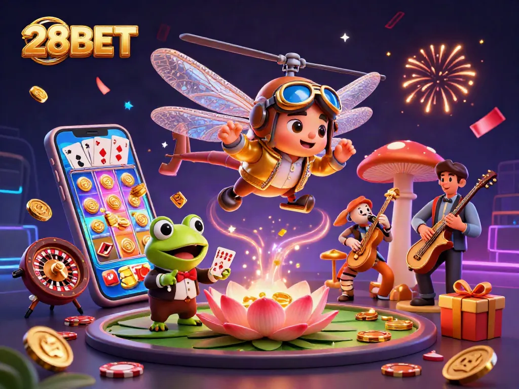 Experience the excitement of 28BET with unique casino characters in 3D illustration.