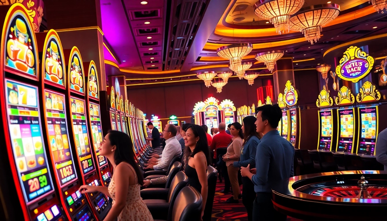 Berinteraksi dengan mesin slot situs gacor di kasino mewah, menampilkan kegembiraan dan peluang kemenangan.