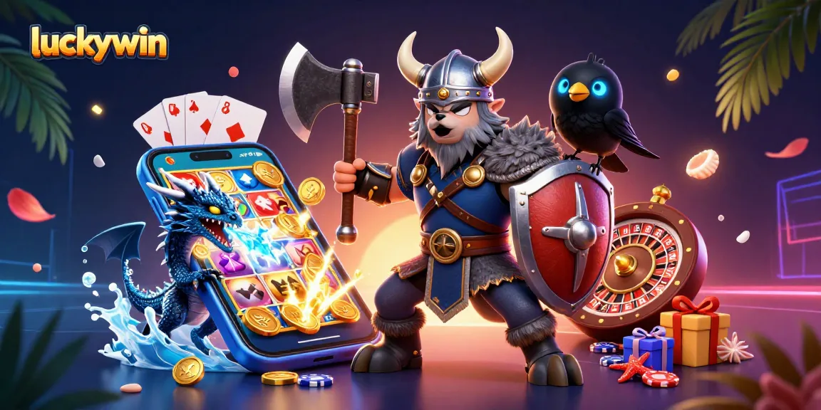 Experience luckywin, a thrilling illustration of a Viking warrior and dragon celebrating casino wins.