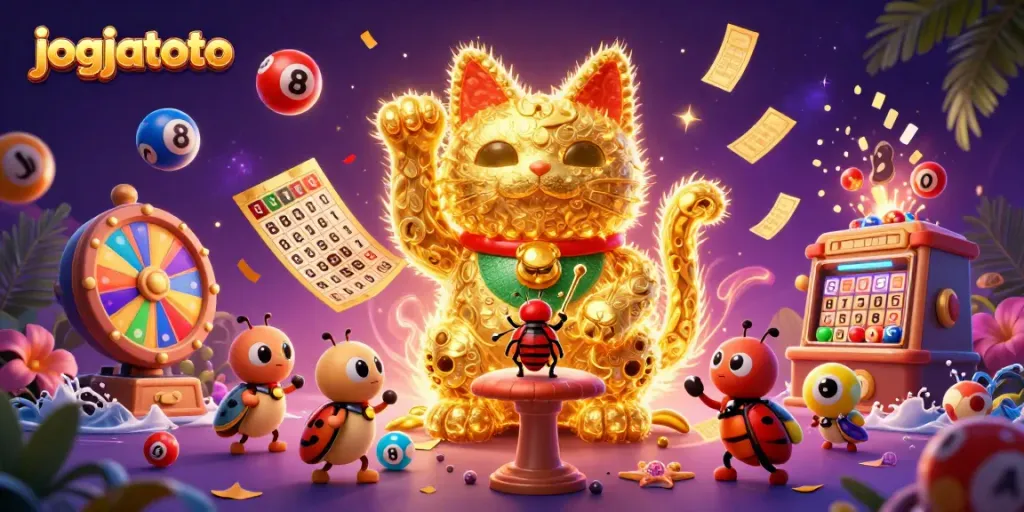 Experience the thrill of jogjatoto with golden fireflies forming a lucky cat amidst dynamic casino elements.