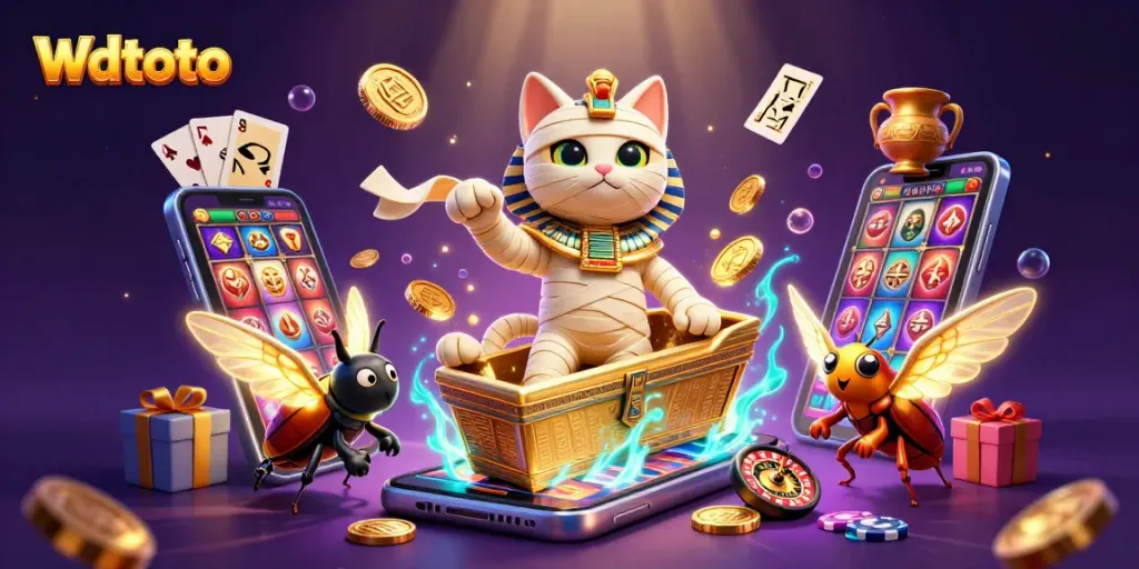 Gambar Wdtoto menampilkan kucing mummy Mesir 3D di kasino piramida, mengelilingi permainan slot dan koin emas.