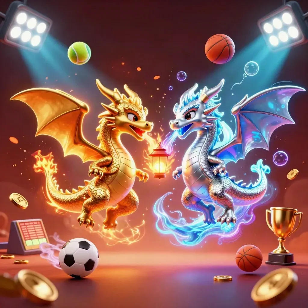Naga emas dan perak terbang dengan bola olahraga, trofi, koin, dan cahaya neon kasino.