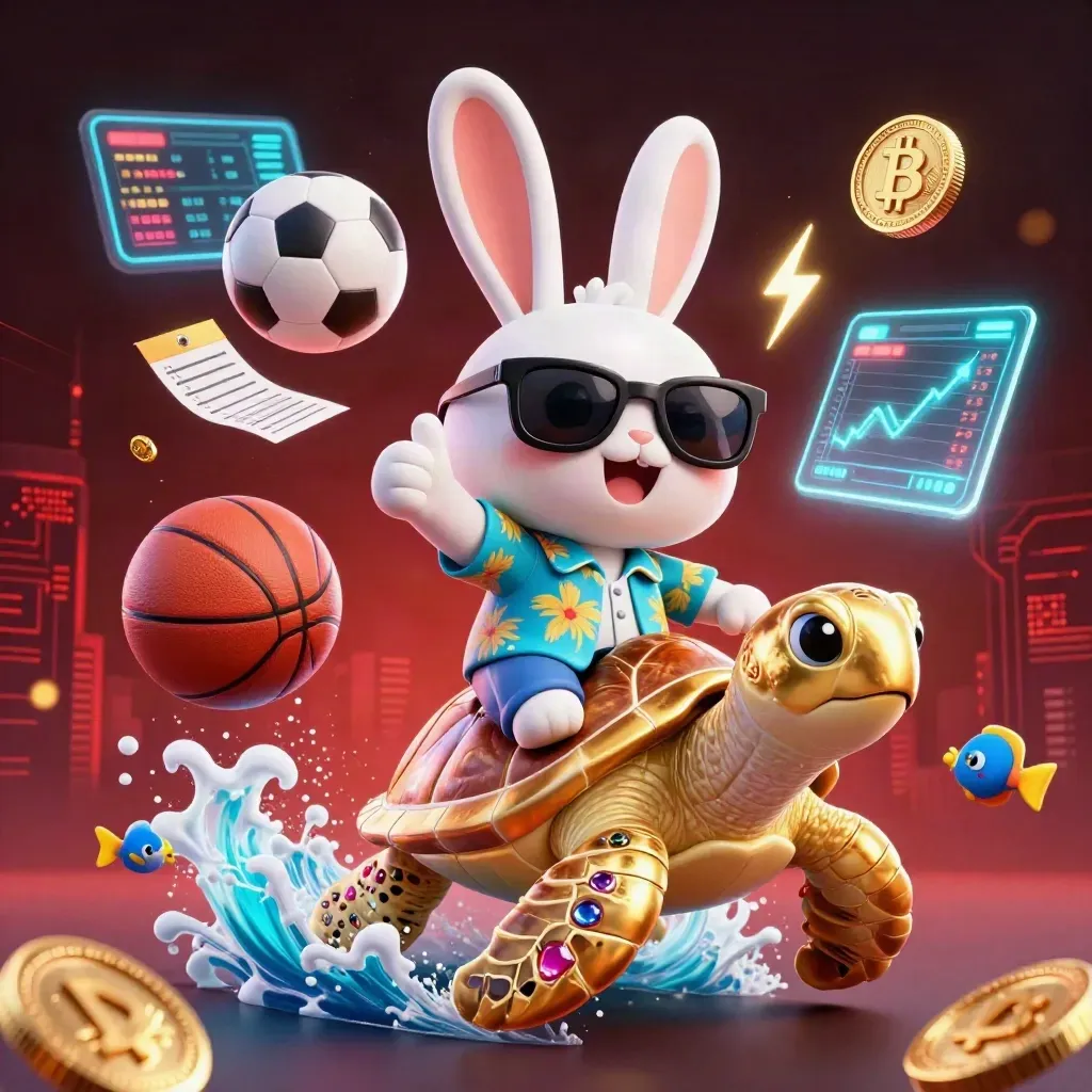 Kelinci kartun berkacamata di kura-kura emas, dikelilingi koin crypto, bola, dan kilau neon.