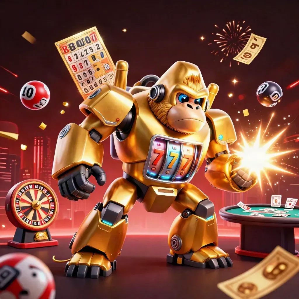 Gorila mech emas slot dengan pilot monyet, bola lotere, roda hadiah, dan kilau neon kasino.
