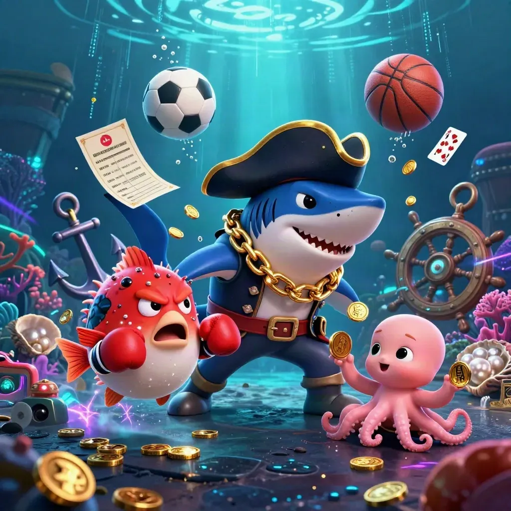 Hiu bajak laut, ikan buntal, dan gurita bayi di gua harta bawah laut dengan bola dan koin.
