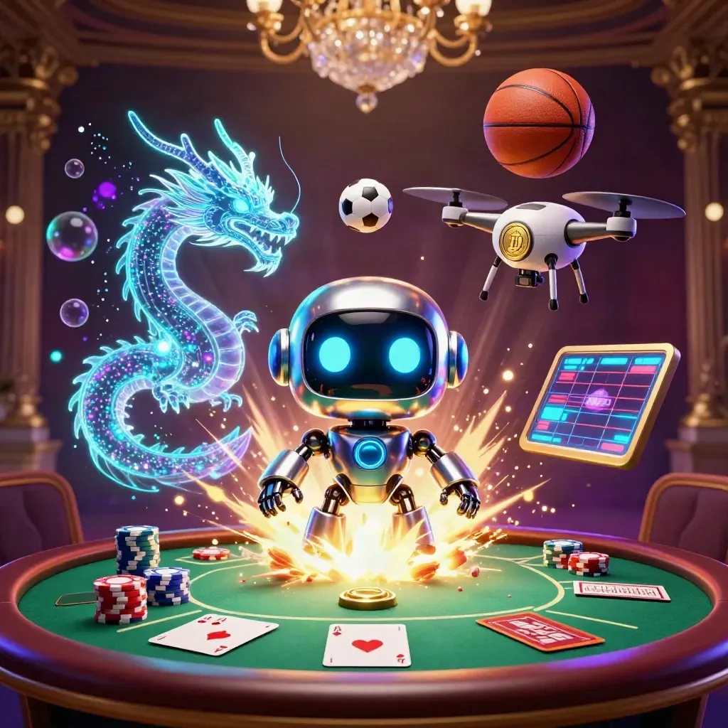 Robot cyberpunk, naga hologram, dan drone di meja poker, bola melayang dalam cahaya neon.