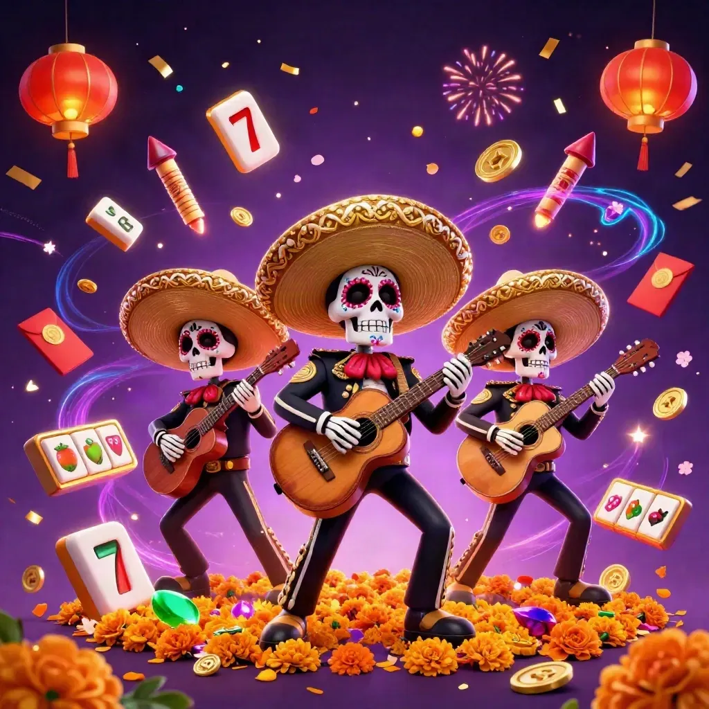 Trio tengkorak mariachi Day of the Dead dikelilingi ubin mahjong, lentera, koin jade, dan ledakan jackpot emas.