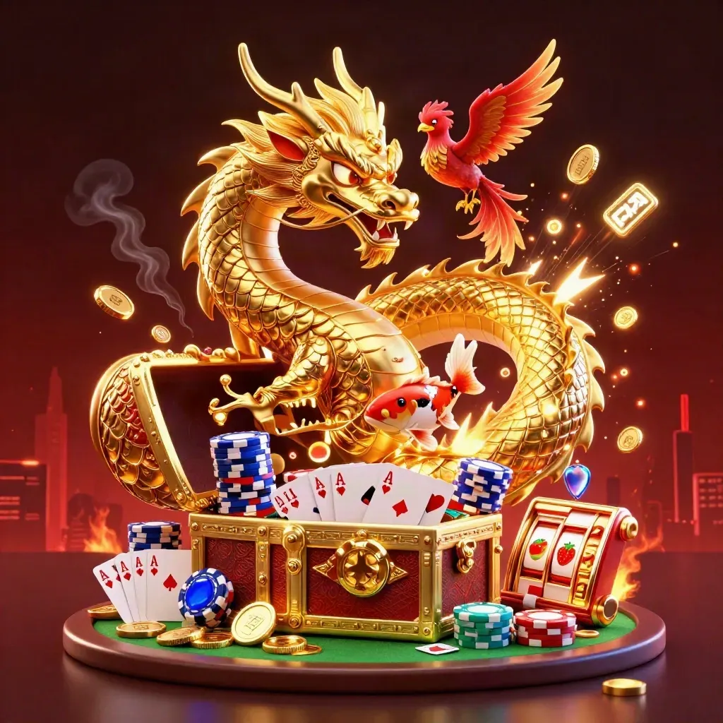 Naga emas, phoenix merah, dan koi di atas harta kasino neon dengan kartu dan chip.