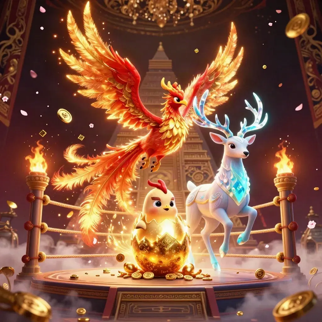 Phoenix, rusa kristal, dan telur emas di gerbang kuil kuno dengan emas dan rune bercahaya.